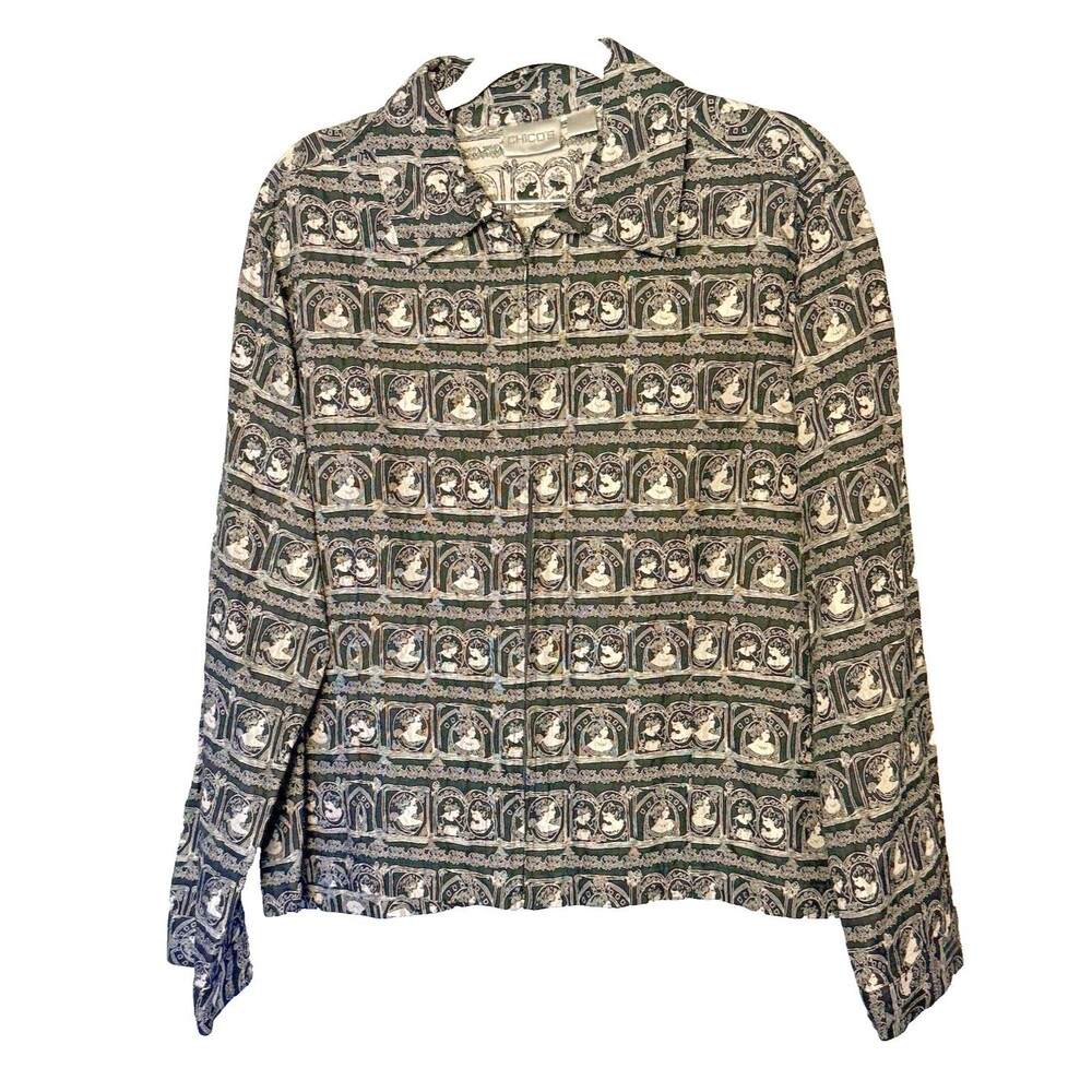 Chico’s Womens Black Silver Silk Rayon Zip Jacket Size 2 Long Sleeve Cameo Print